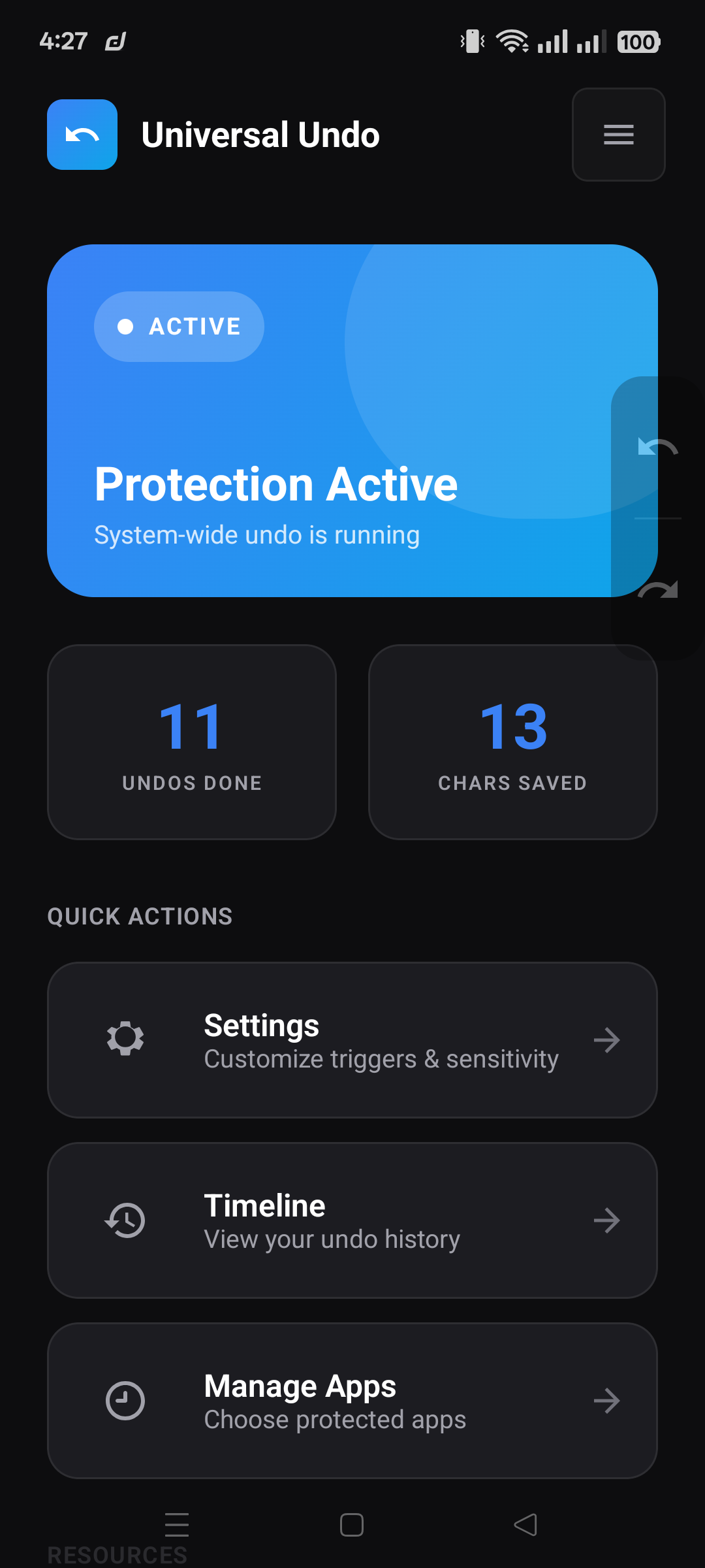 Universal Undo main dashboard